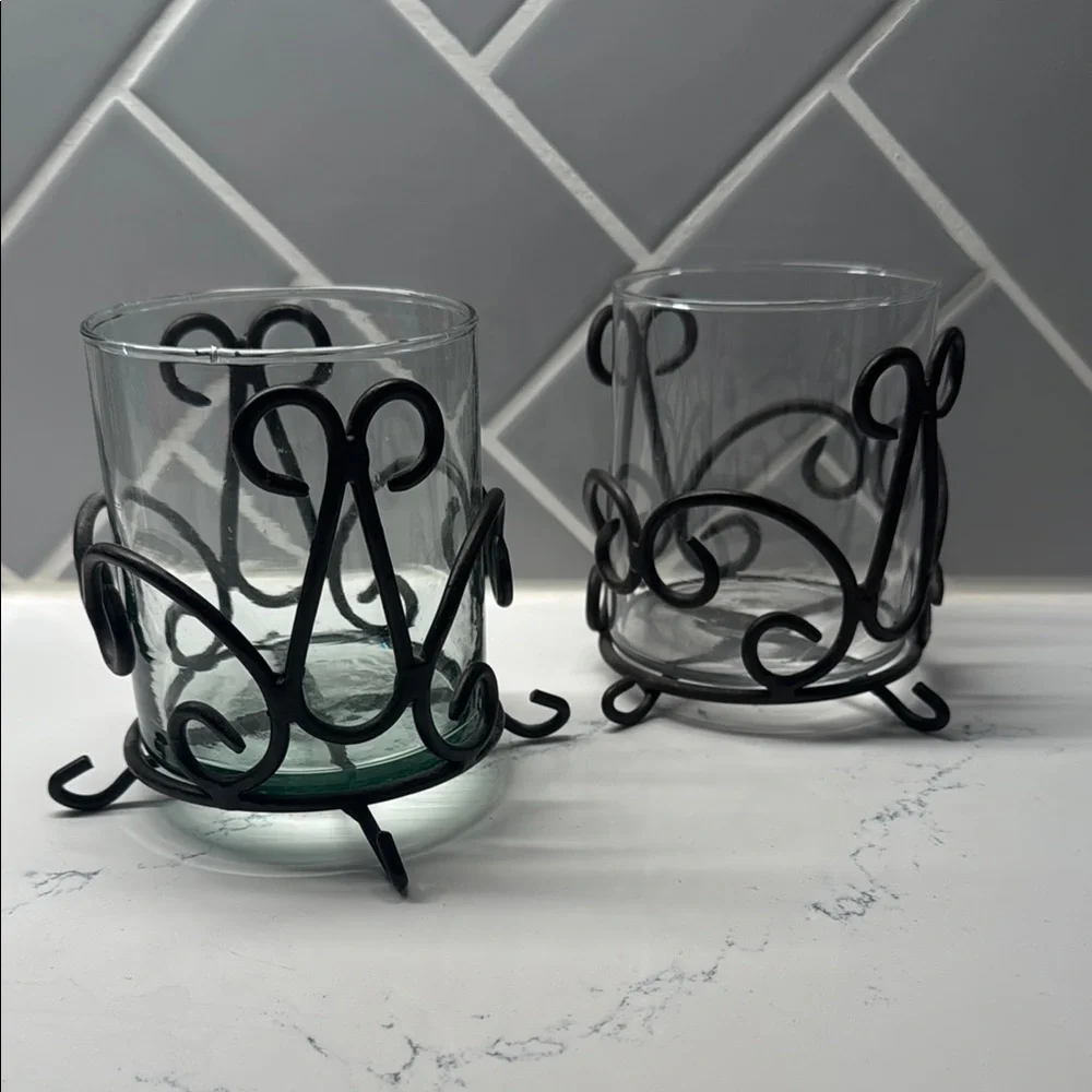 Black/rubbed bronze metal and glass candle holders trinket holders